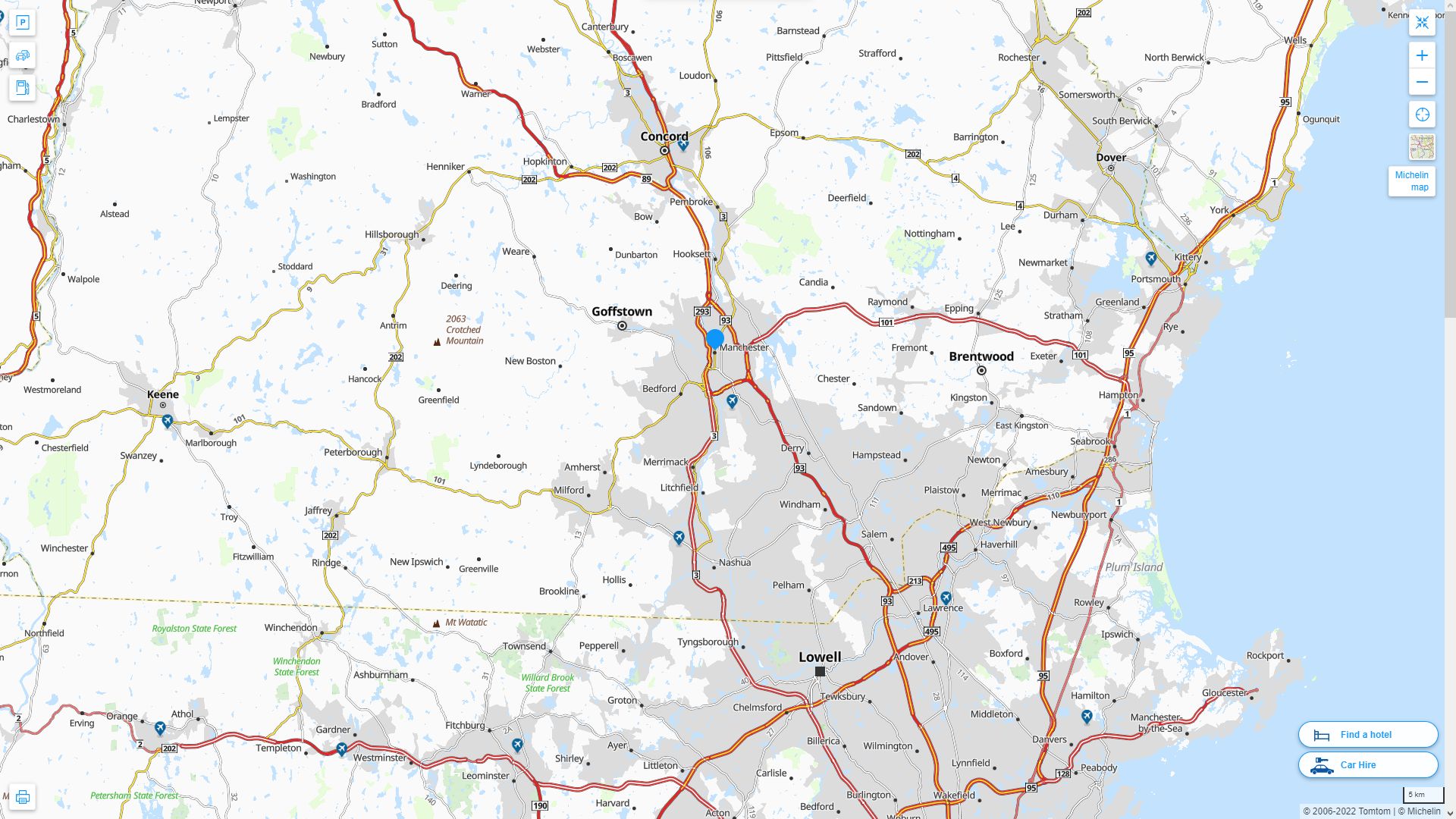 Manchester New Hampshire Highway and Road Map